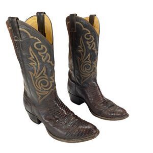 Justin Cowboy Western Boots Men's Size 9D Brown Exotic Lizard Skin Pull On